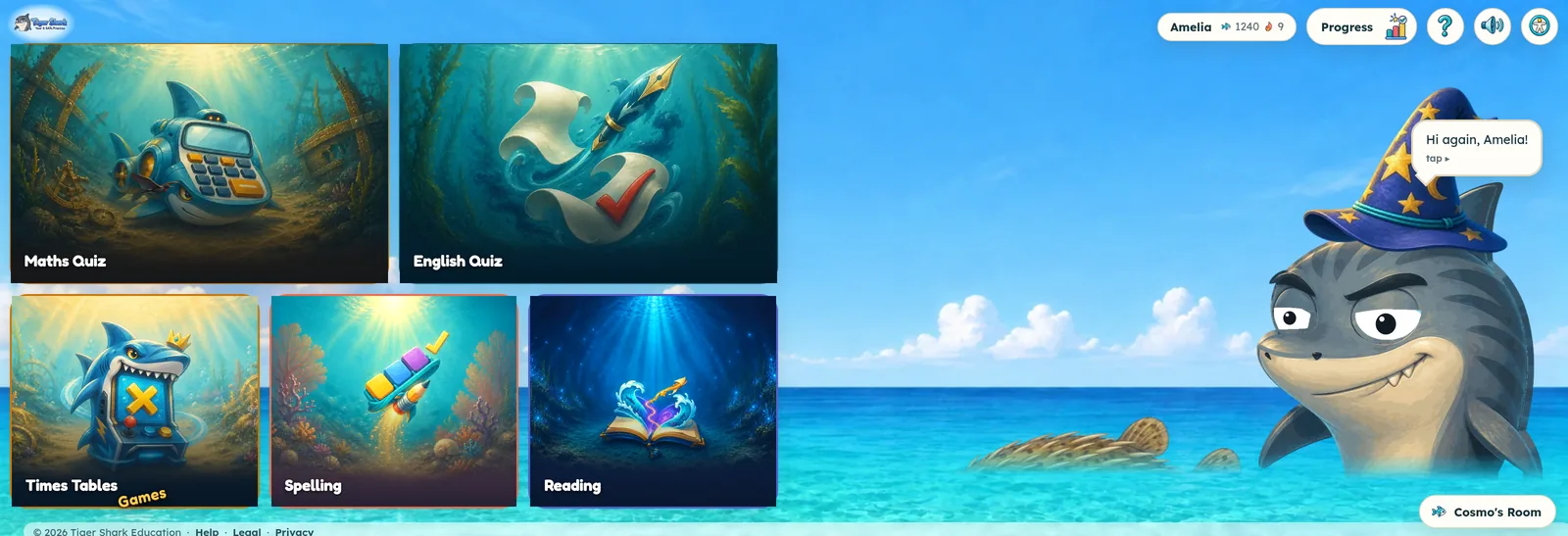 The Tiger Shark home screen: five painted subject tiles, with Cosmo the shark wearing a wizard hat beside his pet pufferfish