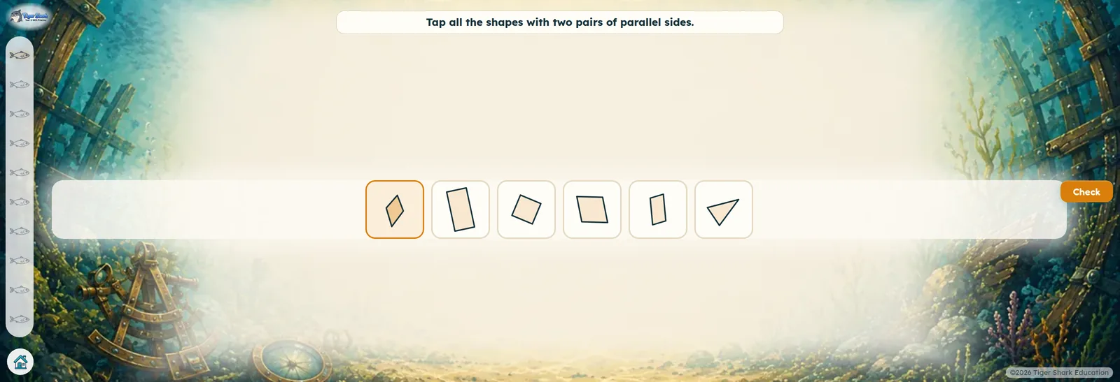 A maths question asking which shapes have two pairs of parallel sides, with six shapes to tap