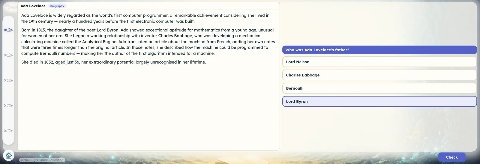 A biography of Ada Lovelace with a comprehension question alongside it