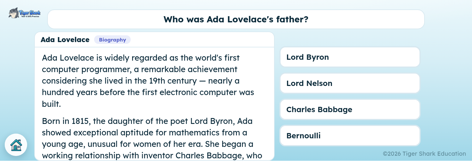 A biography passage about Ada Lovelace with questions