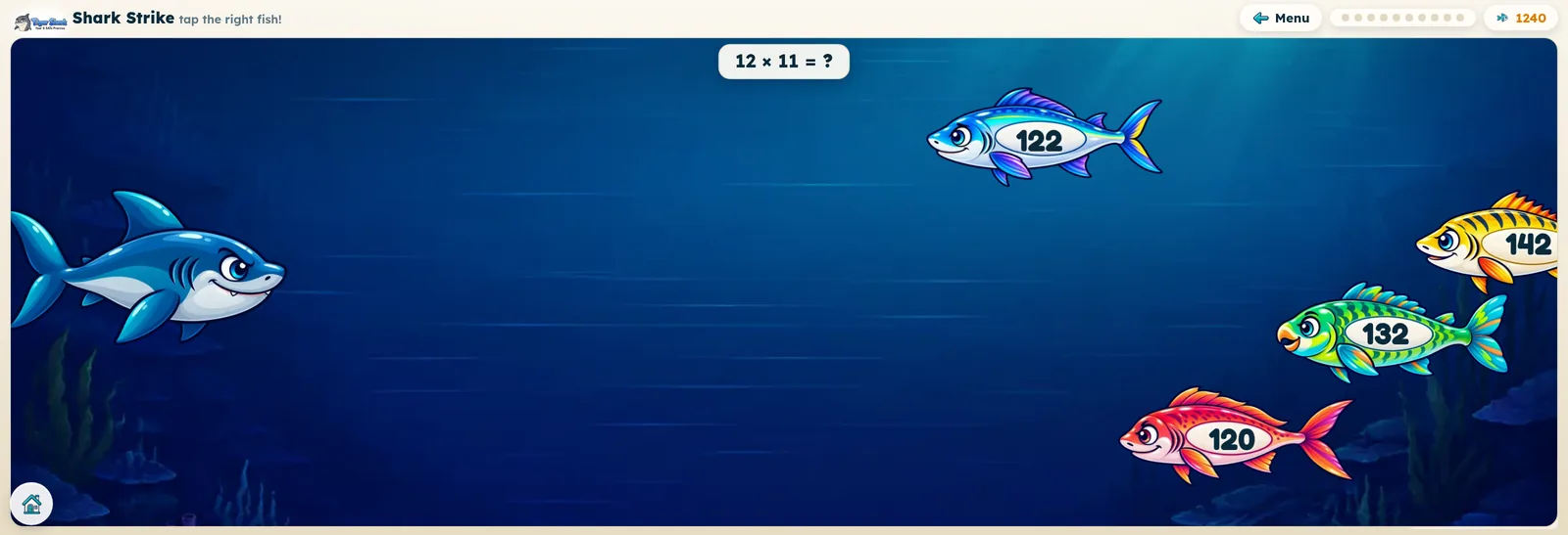 The Shark Strike game, with a shark chasing fish carrying possible answers to six times eleven